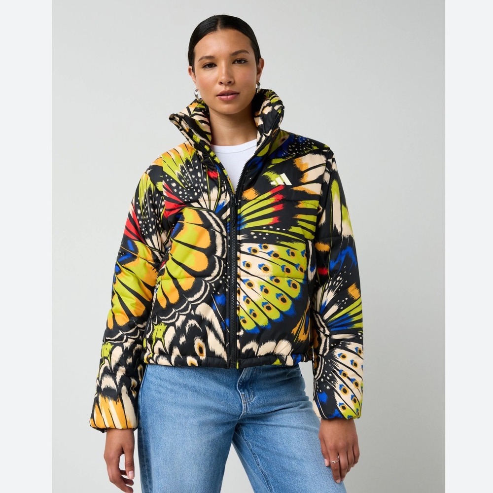 Adidas x Farm Rio Butterfly Print Padded Puffer Jacket Black Yellow Womens L NEW
